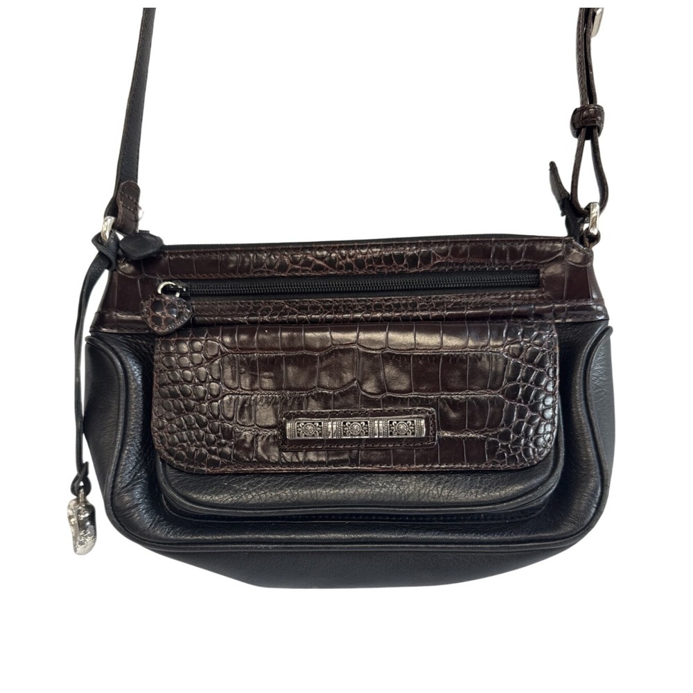 Brighton‎ Black Leather Crossbody Purse Croc Embossed Flap Bag Silver Accents